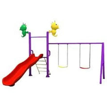 Play slide and swing set with red slide and purple frame, showing swing seats