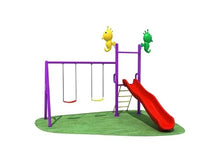 Play slide and swing set: red slide, purple frame, and multi-color swing seats
