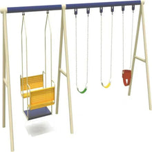 Outdoor swing set frame with two yellow seat swings and hanging chains