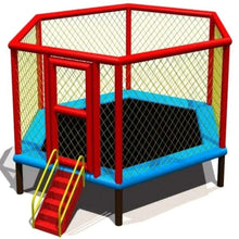 Red trampoline with protective safety net, blue jumping mat, front ladder