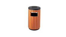 Outdoor trash bin with orange wood slats, black top, and front opening