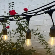 Outdoor string lights with glowing clear bulbs and black holders on an exterior wall