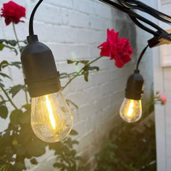 Huitich outdoor waterproof string lights glowing with warm yellow bulbs near garden roses