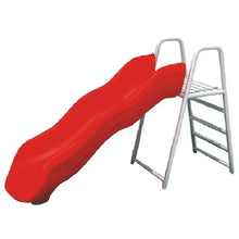 Outdoor wave slide with red chute and two white ladder platforms
