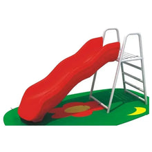 Outdoor wave slide with red slide, two ladders, and green base mat with shapes