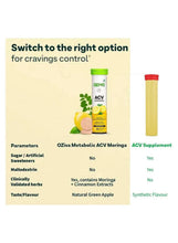 ACV Moringa effervescent tablet canister with checklist panel for craving control