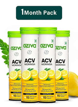 ACV Moringa effervescent tablet canisters, 4-pack with green lids and lemon graphics