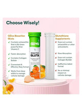 Bioactive Gluta fizzy tablets, green bottle and comparison card with tablet details