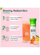 Bioactive Gluta fizzy tablets, bottle with step guide and orange drink glass