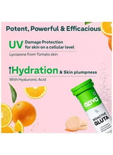 Bioactive Gluta fizzy tablets, green bottle with orange fruits and hydration icons
