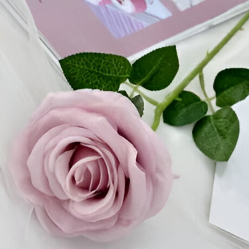 Huitich pack of 3 artificial flowers with realistic pink rose and green leaves for decor