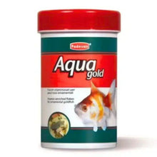 Aqua Gold feed flakes container with red cap and label for goldfish