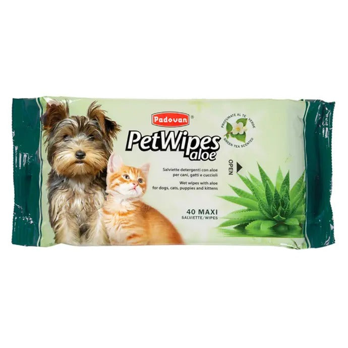 Padovan aloe pet wipes for dogs and cats in a 40 maxi pack with a dog and cat image