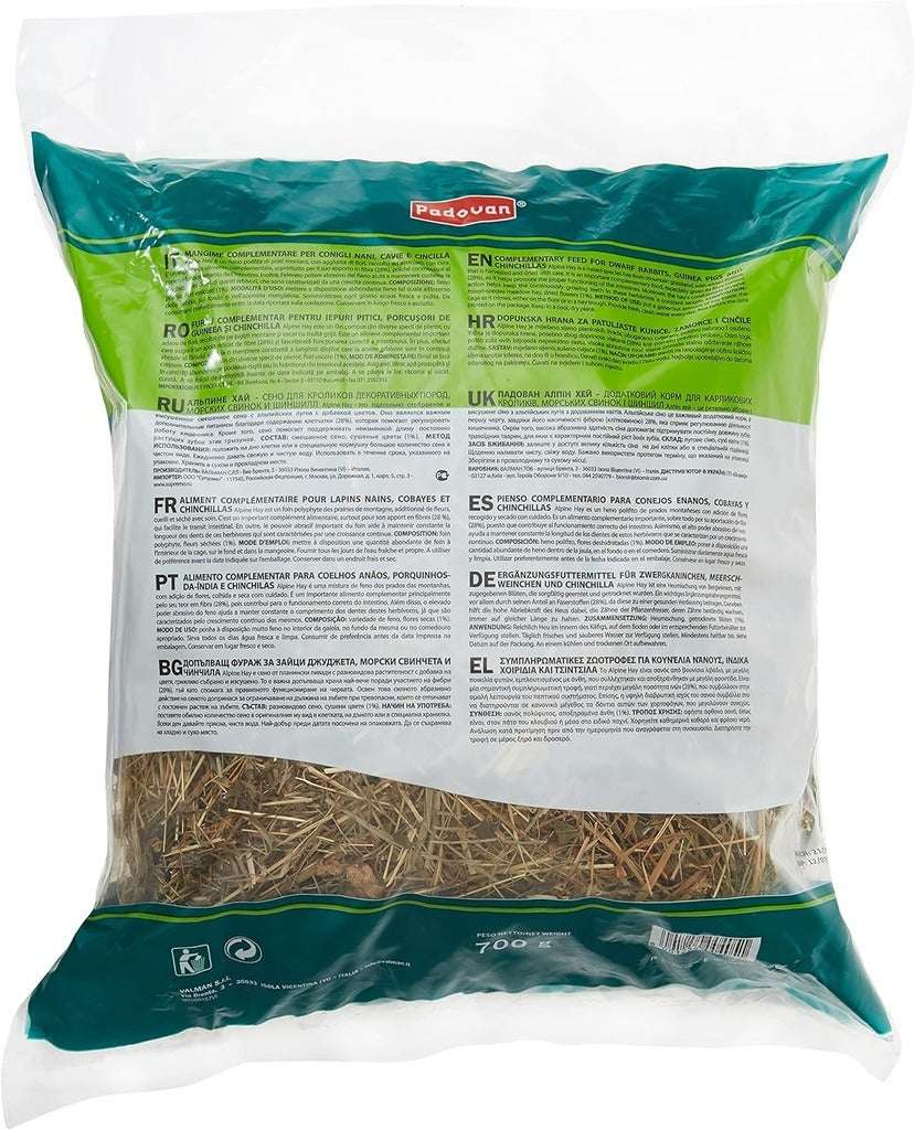 Padovan Alpine Hay 700g packaged for small animals, providing essential nutrition and dietary fiber