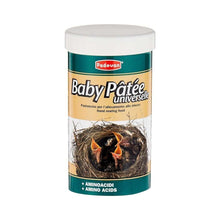Baby pate universal feed jar, teal and beige label with nestling photo