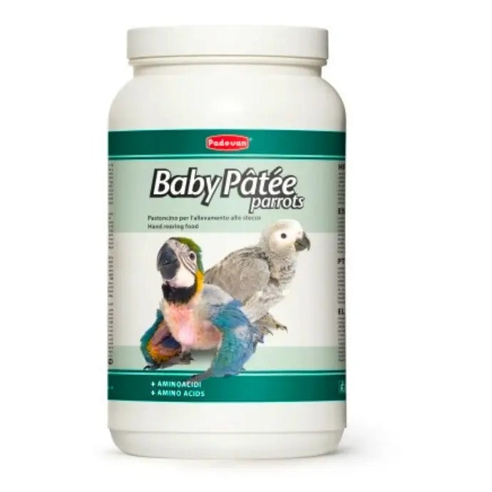Padovan baby pâtée for parrots in a white container featuring colorful parrot images for optimal nutrition