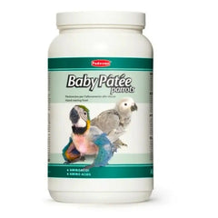 Padovan baby pâtée for parrots in a white container featuring colorful parrot images for optimal nutrition
