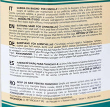 Bathing sand jug label close-up with usage and care text