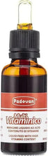 Padovan multivitamin liquid amber bottle with dropper and black ribbed cap
