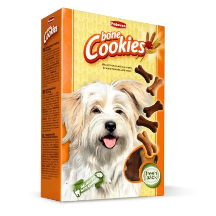 Padovan bone dog biscuits in a box with a playful dog on the front for crunchy treats
