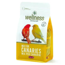 Canary feed mix bag with bird illustrations and Wellness veterinary diet label