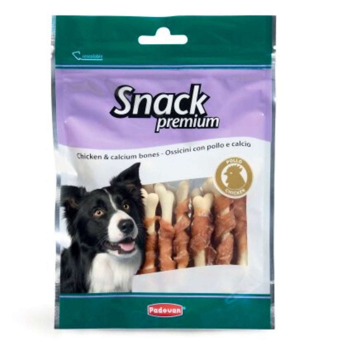 Padovan chicken and calcium dog treats in a colorful package with a happy dog image