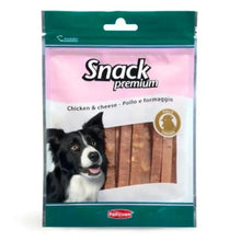 Chicken & cheese dog snack bag with wooden-strip treats, green and pink packaging