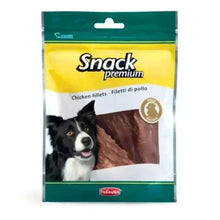 Dog snack bag with chicken fillet packaging and smiling dog print