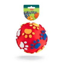 Padovan paw-pattern dog ball, red textured surface with multicolor paw prints