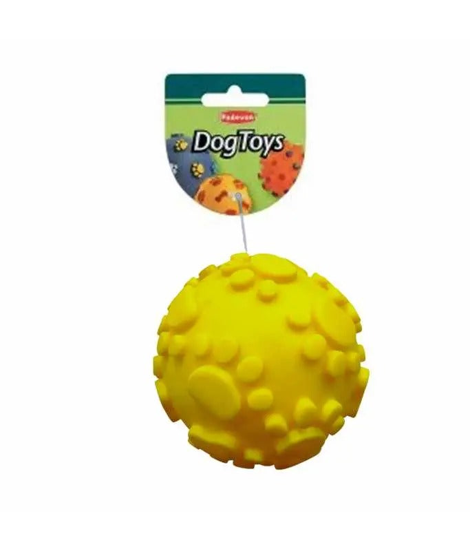 Bright yellow Padovan dog ball with paw prints for interactive play and entertainment for dogs