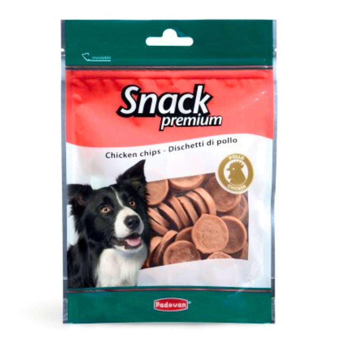 Padovan dog chicken chips in a resealable bag with a happy dog graphic on the front
