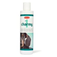 Padovan Charmy shampoo bottle, 250 ml, with teal label and dog photo