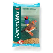Bird seed mix bag with finch label, green and beige packaging