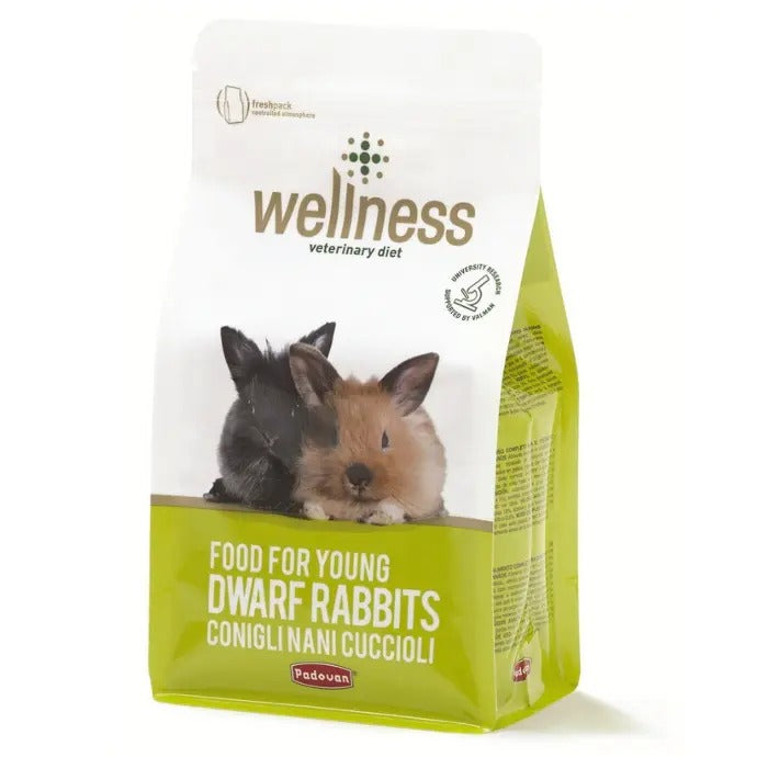 Padovan Wellness Food for Young Dwarf Rabbits in a Green Bag with Nutritional Benefits