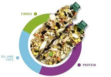 Fruit stick bird food blend in bowl, with fibres, oil and protein sections