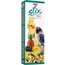Fruit stick bird treat box with cockatiel and lovebird illustrations, 100 g
