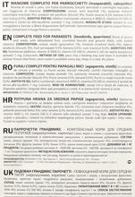 Parrocchetti bird feed label with storage, usage, and ingredient information text