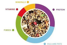 Bird seed mix ingredient chart showing grains and labeled vitamins, minerals, protein