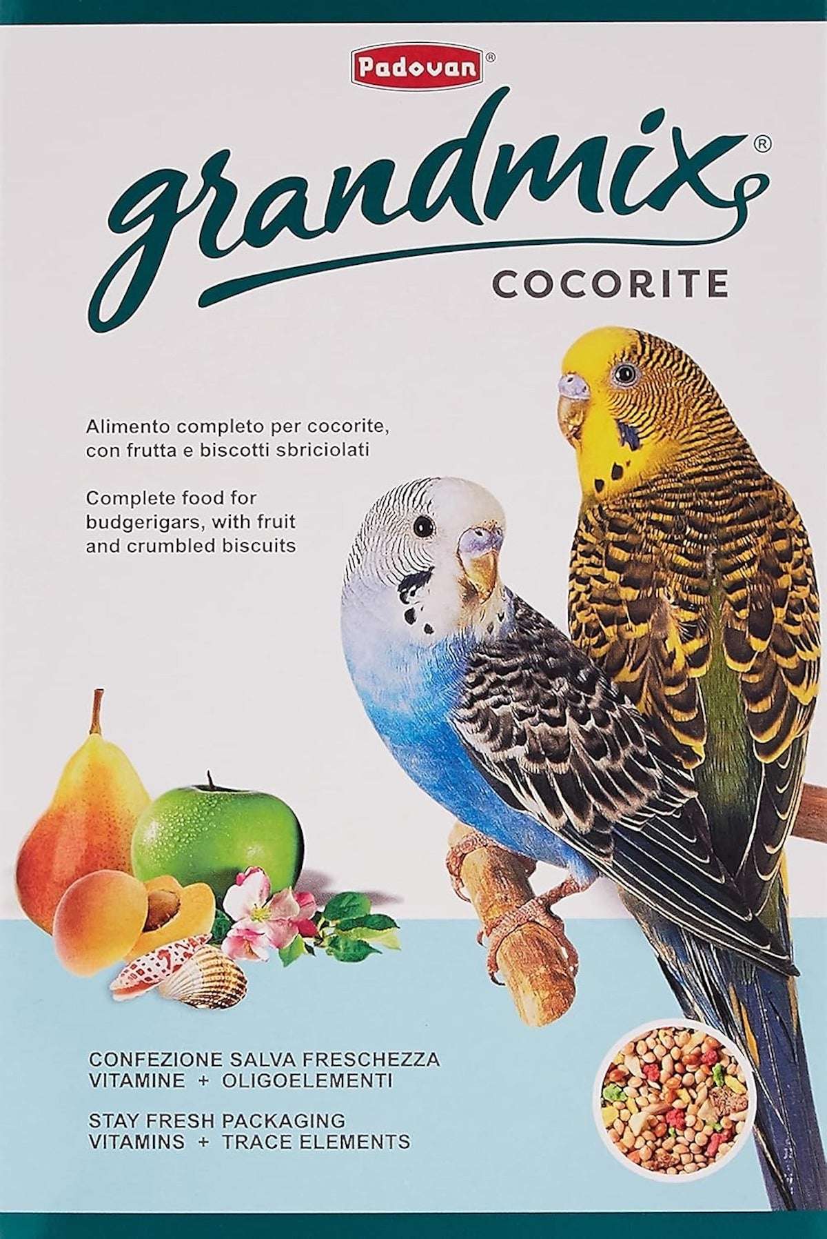 Padovan Grandmix Cocorite bird food with fruits and crumbled biscuits for budgerigars