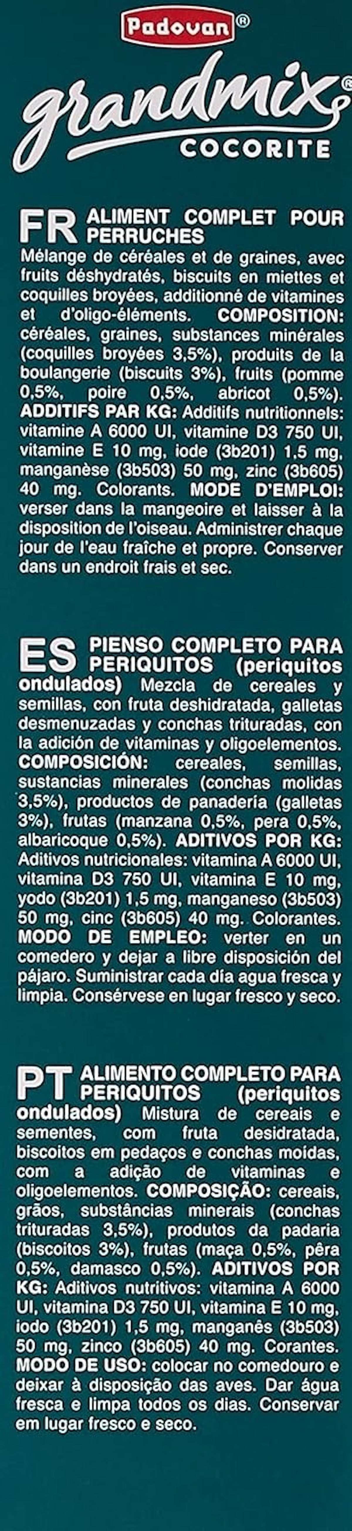 Padovan Grandmix Cocorite bird food packaging with detailed nutritional information and ingredient list