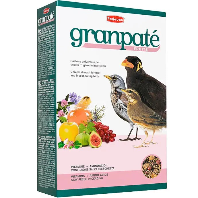 Padovan GranPâtée Fruits bird food in packaging with images of various birds and fruits