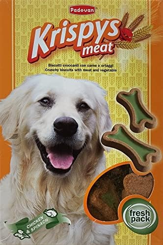 Padovan Krispys Meat dog biscuits in a fresh pack featuring chicken and spinach flavor, with a happy dog image