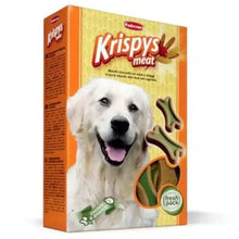 Padovan Krispys meat dog biscuit box, showing dog and bone-shaped treats