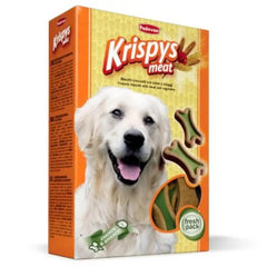 Padovan Krispys Meat dog biscuits in a colorful packaging with a happy dog image