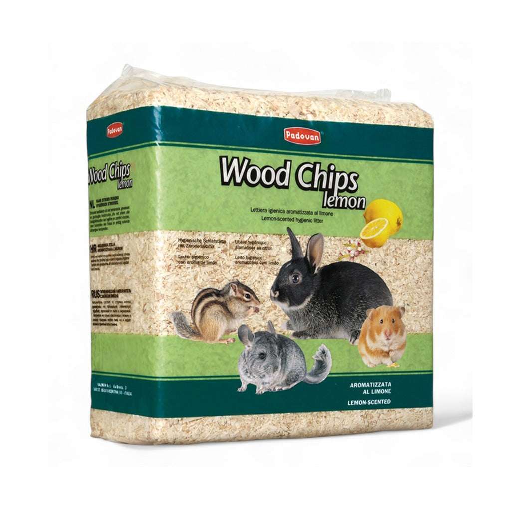 Padovan lemon scented wood chips for small animals in a packaging featuring various small pets