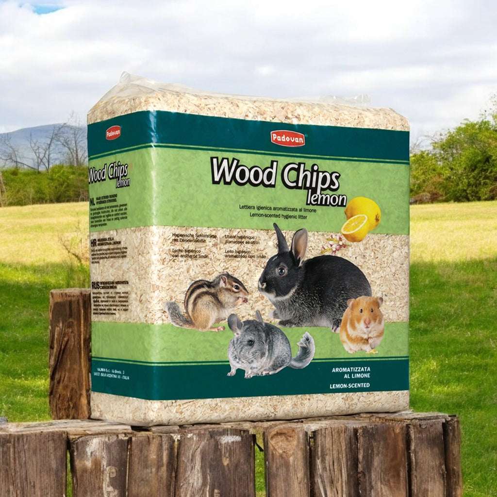 Padovan lemon scented wood chips for small animals in a sealed bag with various animals on the packaging