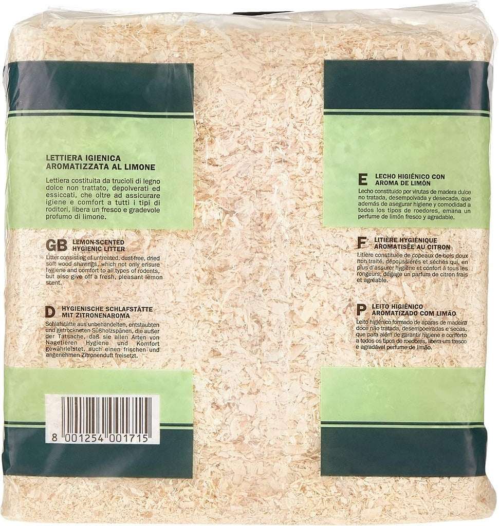 Padovan lemon scented wood chips for small animals in a sealed package for bedding and litter use