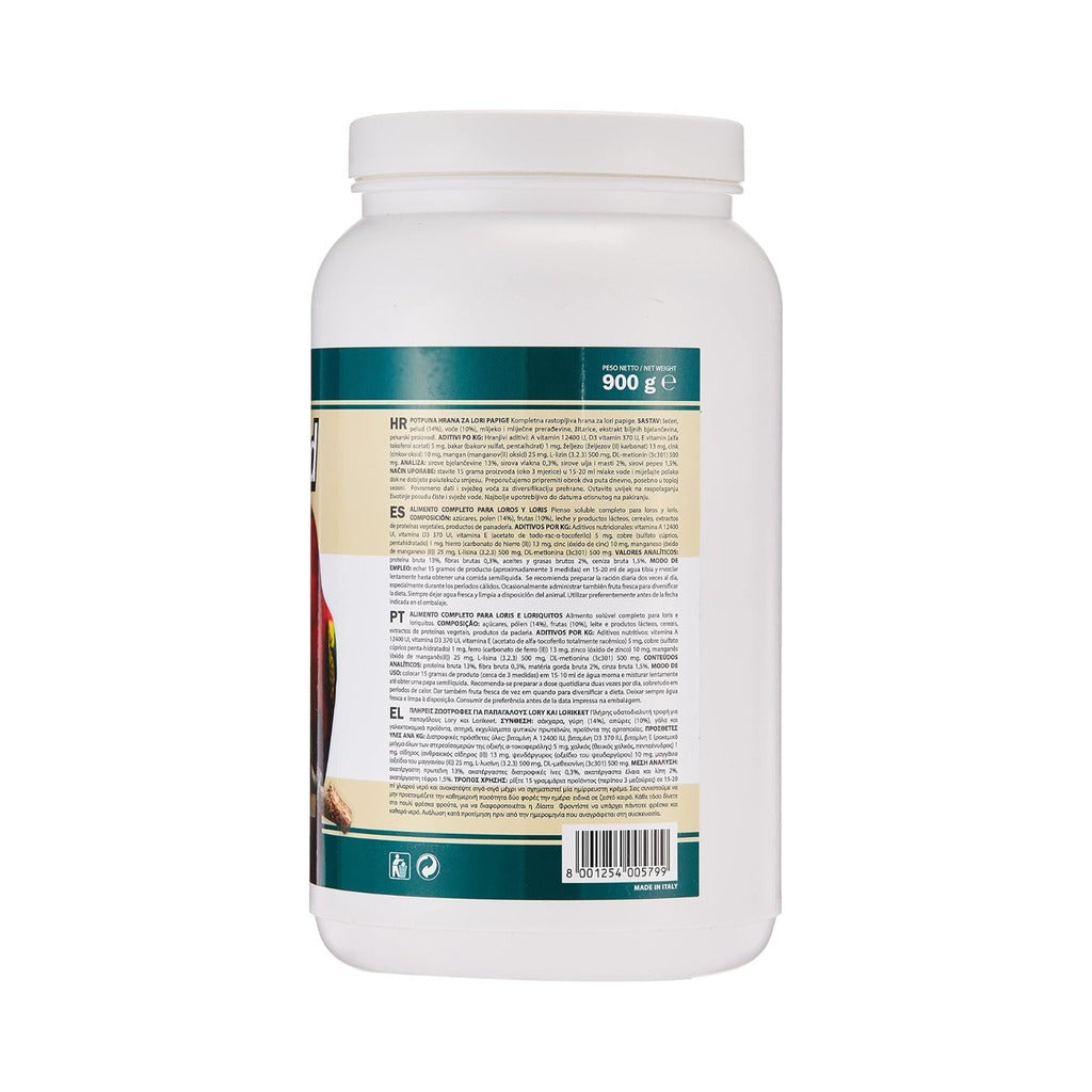 Padovan LoryFood bird food in a 900g container with detailed nutritional information on the label