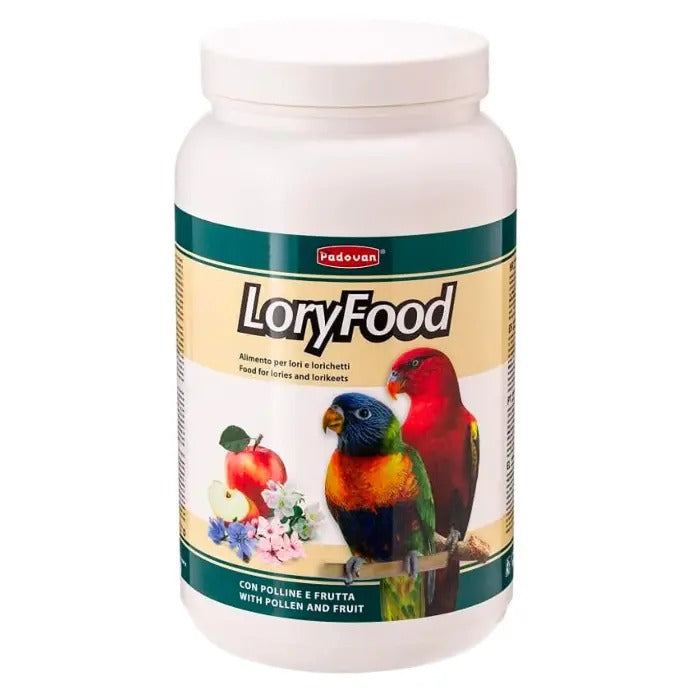 Padovan LoryFood bird food in a white container with colorful parakeets and fruit illustrations