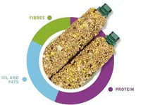 Sweet bird treat sticks with nutrition chart for protein, fibres, and oil & fats